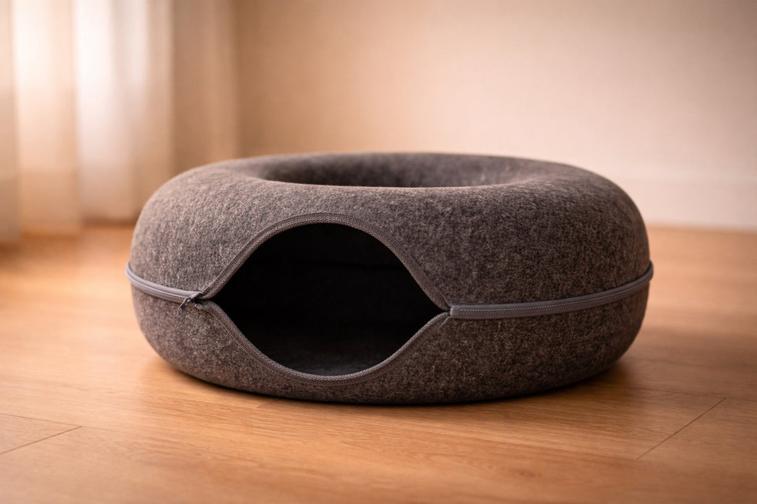 Charcoal wool felt cat tunnel bed on hardwood floor with soft natural light