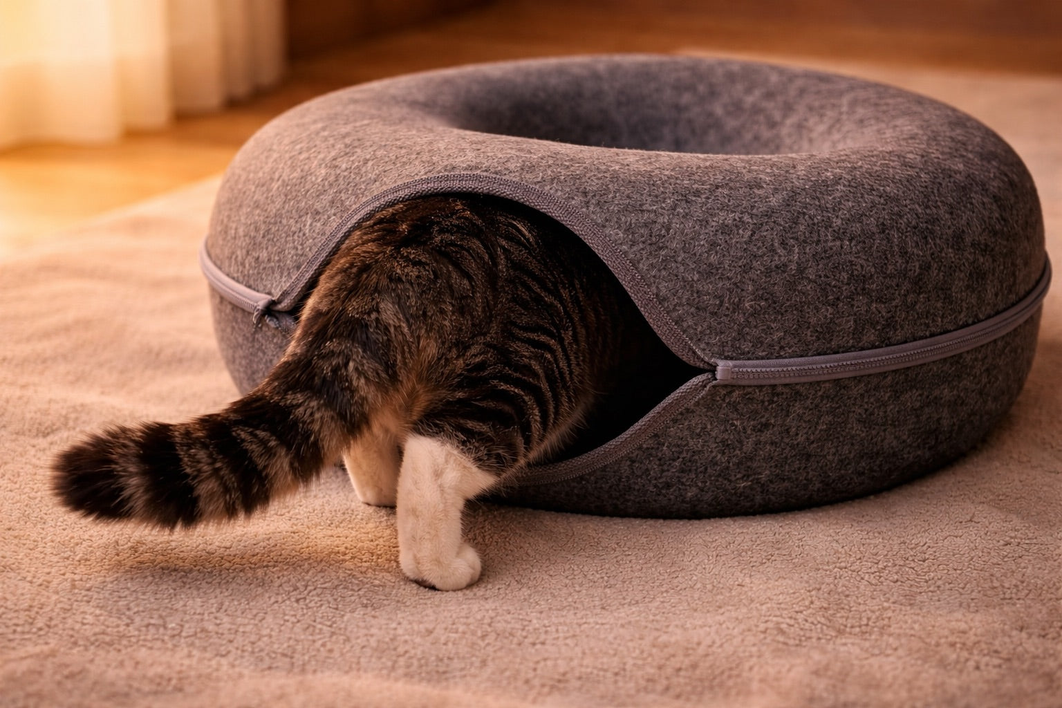 Tabby cat entering a felt cat tunnel bed, curious and relaxed