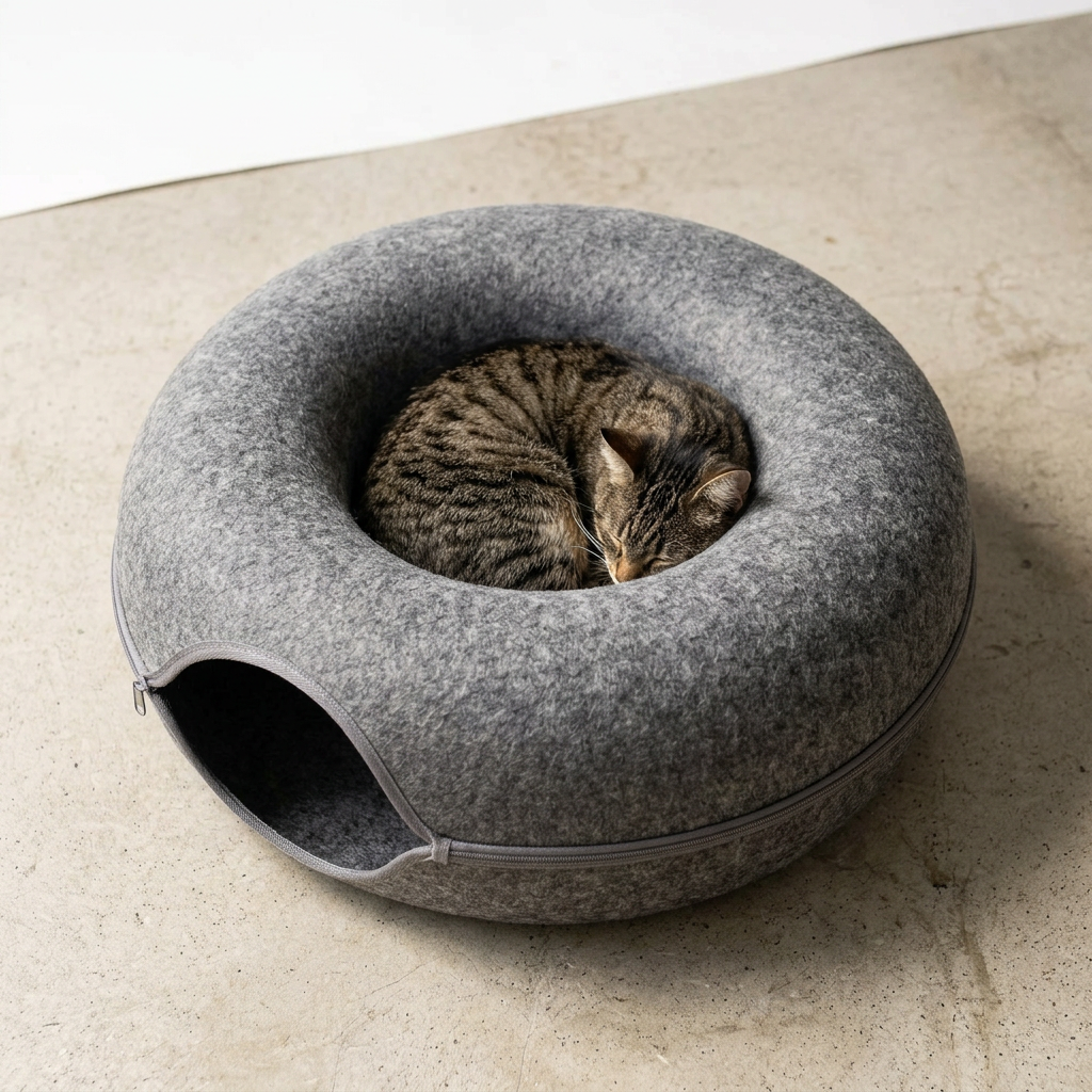 Orange tabby cat curled in a round donut bed with raised edges, soft natural light