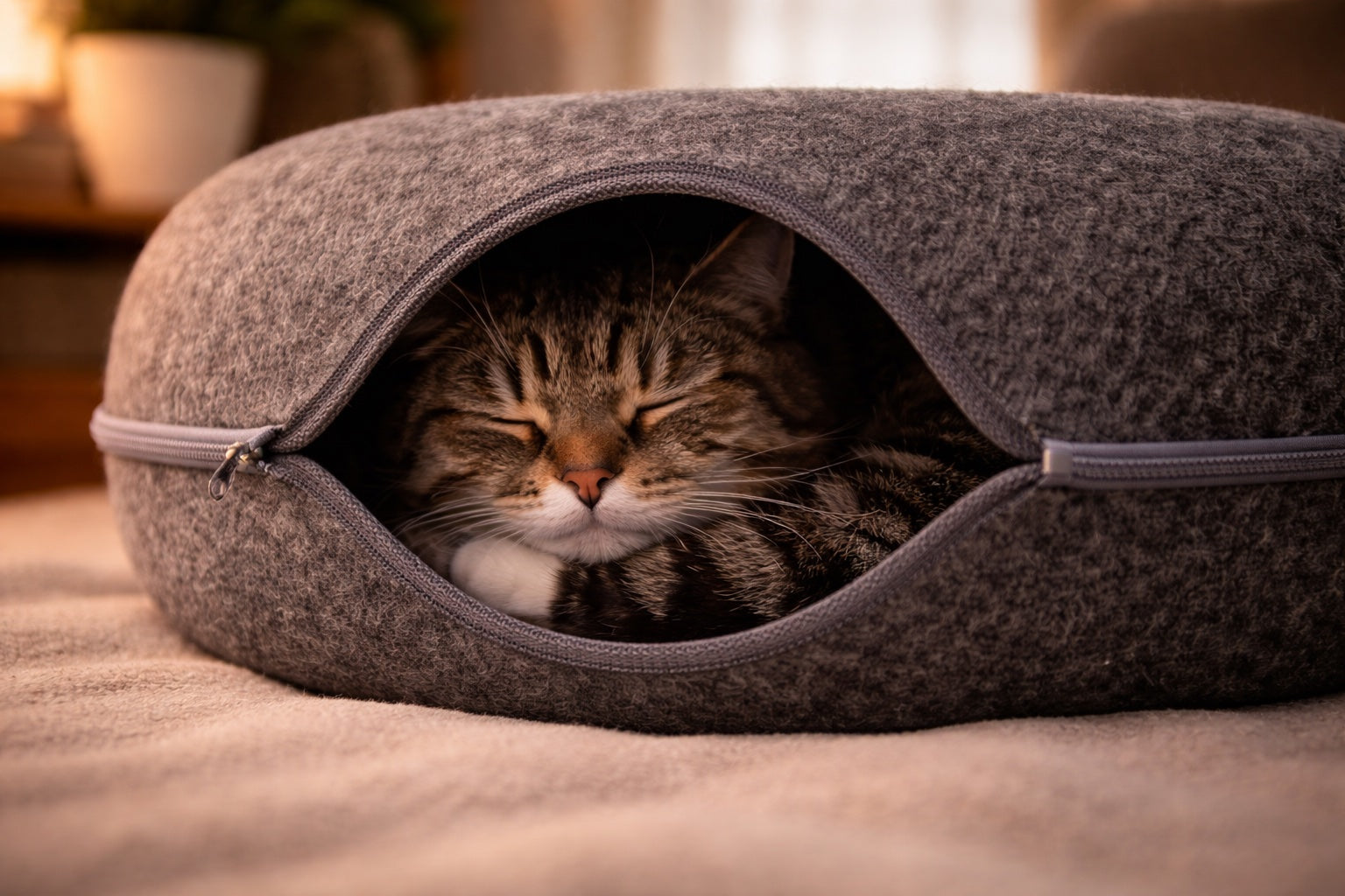 Cat curled inside a charcoal felt Cozy Cat Tunnel Bed, face peeking from the entrance, relaxed