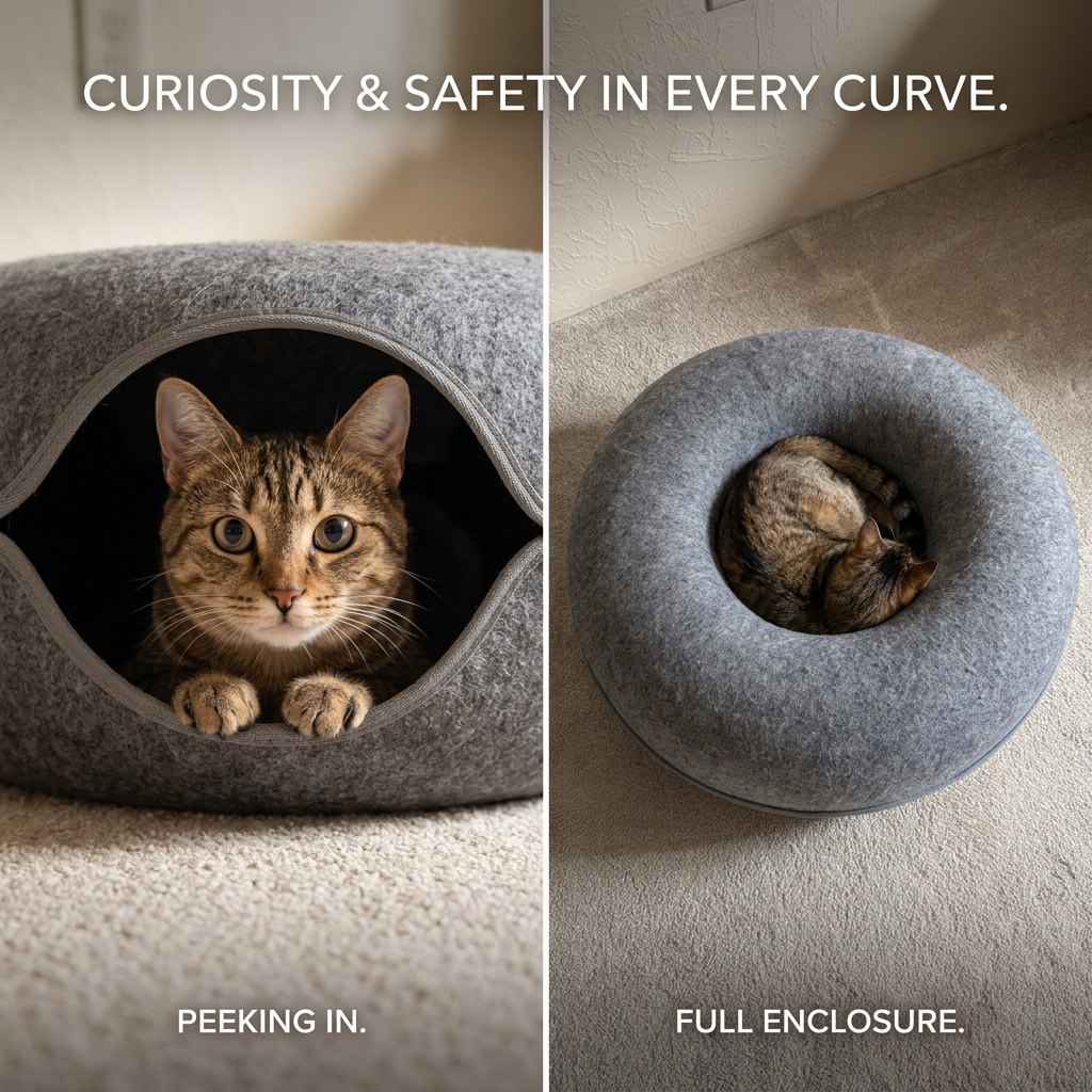 Cat peeking out from inside a charcoal felt cat tunnel bed, curious expression at the entrance